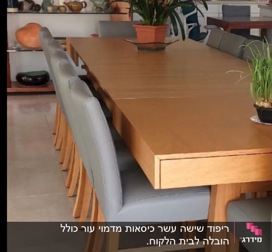 כיסאות מרופדים סביב שולחן עץ גדול בחדר אוכל